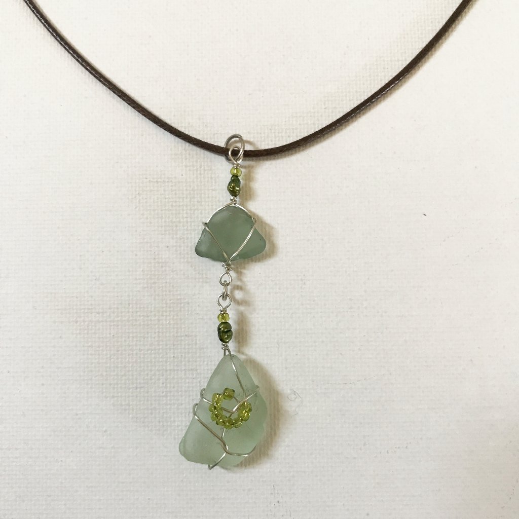 Moss & Light Green Sea Glass Lime Beads Pearl Necklace Ocean Mermaid Coast Surf